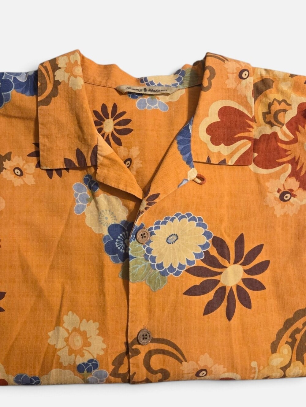 Tommy Bahama Orange Floral Short Sleeve Button-Up Silk Camp Shirt - Large T32349